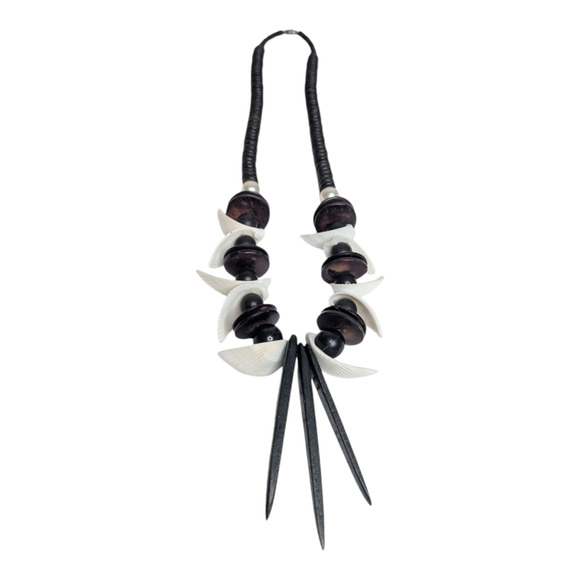Unbranded Jewelry - Tribal Statement Necklace 15in Wood Shell Spike Beads Boho Ethnic Black White